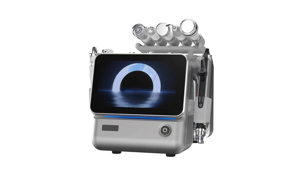 8-in-1 Professional Hydro Dermabrasion Facial Machine combines hydro cleansing, multi-mode RF, ultrasonic care, a skin scrubber, Oxygeno CO₂, nano mist and a cryo hammer in one compact touchscreen workstation