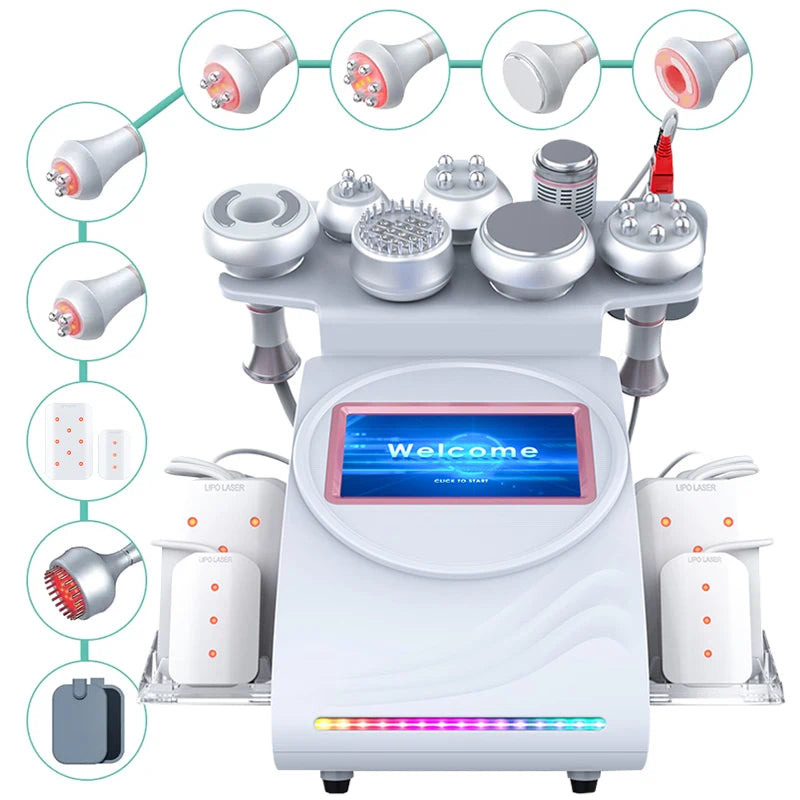 FR-90D Máquina Adelgazante 9 en 1 80K con Vacío, RF Multipolo, Terapia de Frío, EMS, BIO y LED y Láser
