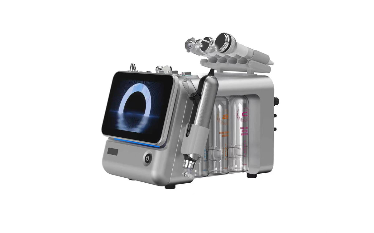 8-in-1 Professional Hydro Dermabrasion Facial Machine combines hydro cleansing, multi-mode RF, ultrasonic care, a skin scrubber, Oxygeno CO₂, nano mist and a cryo hammer in one compact touchscreen workstation