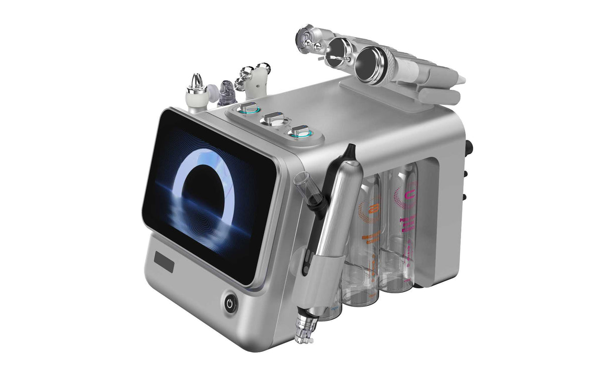 8-in-1 Professional Hydro Dermabrasion Facial Machine combines hydro cleansing, multi-mode RF, ultrasonic care, a skin scrubber, Oxygeno CO₂, nano mist and a cryo hammer in one compact touchscreen workstation