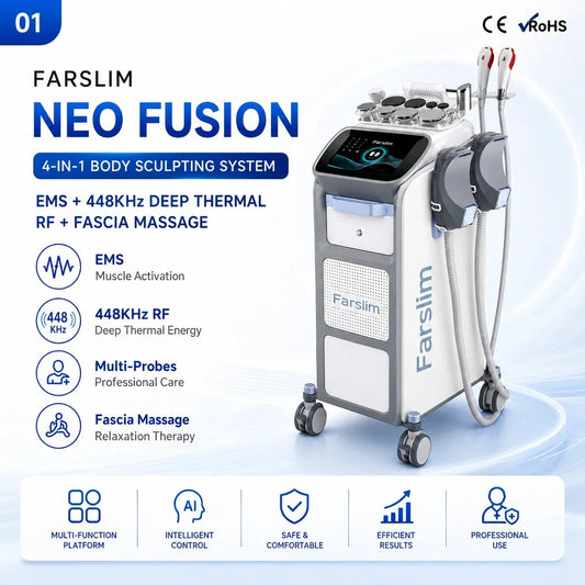 FARSLIM NEO FUSION 4-in-1 body sculpting system overview showing EMS and RF technology.