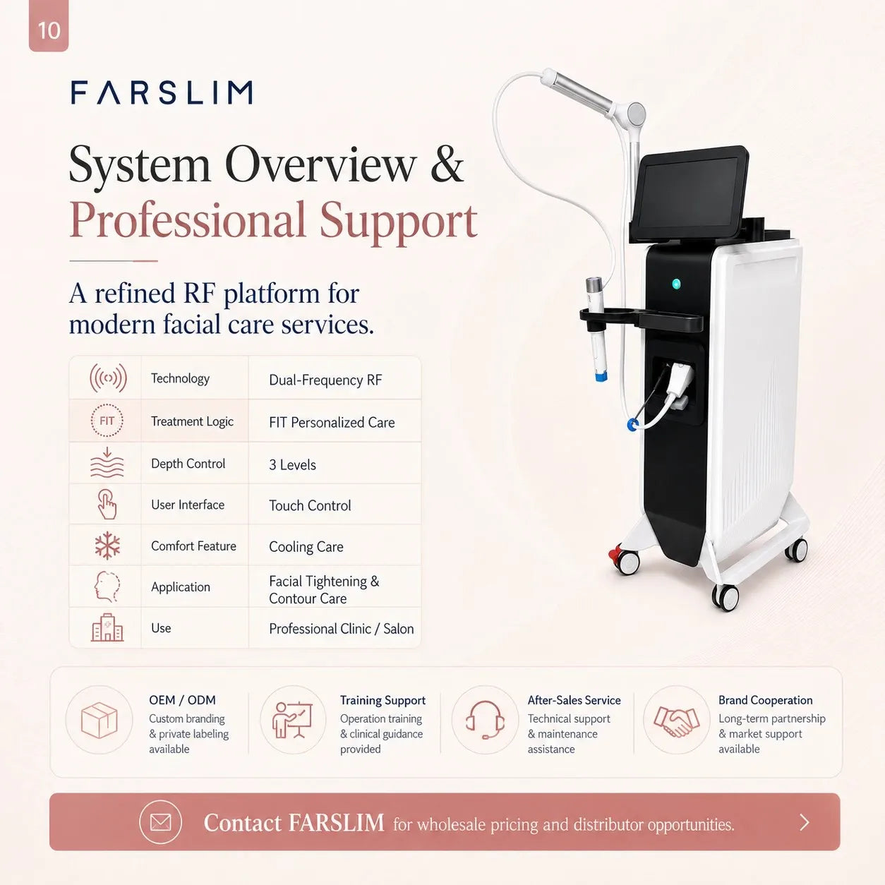FARSLIM RF Face Shaper professional system overview and clinic support features.