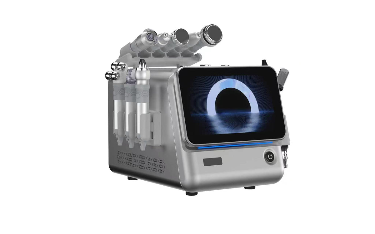 8-in-1 Professional Hydro Dermabrasion Facial Machine combines hydro cleansing, multi-mode RF, ultrasonic care, a skin scrubber, Oxygeno CO₂, nano mist and a cryo hammer in one compact touchscreen workstation