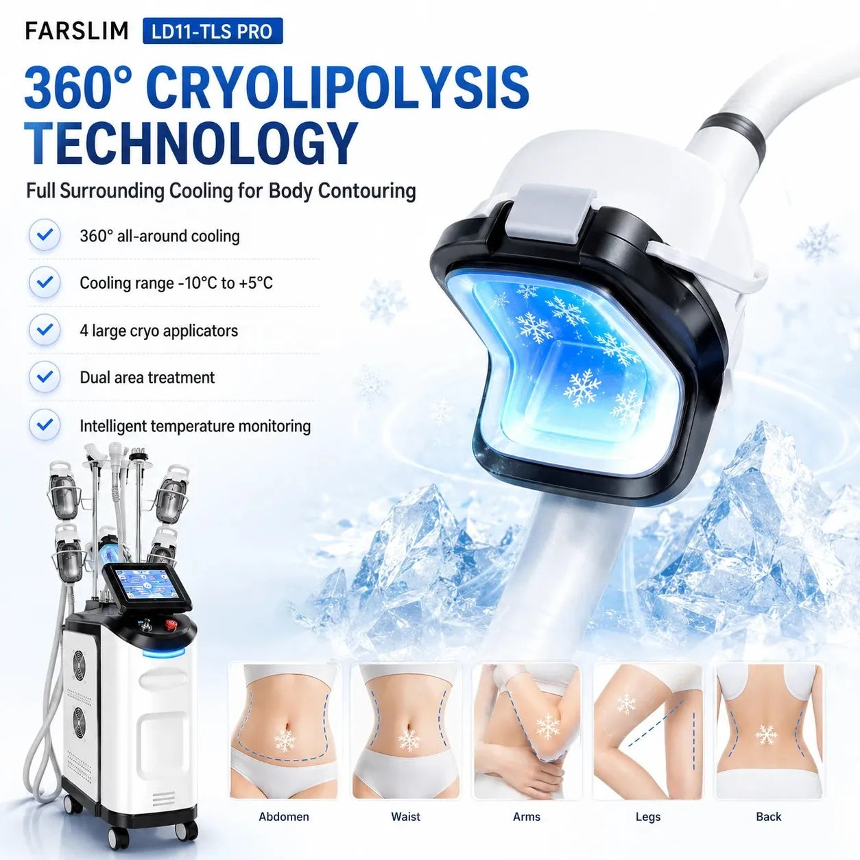 360-degree cryolipolysis applicator and supported treatment areas for body contouring.